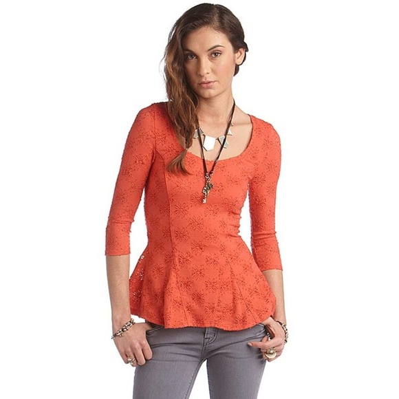 Free People Tops - Free People Persimmon Daisy Lace Peplum Godet Top